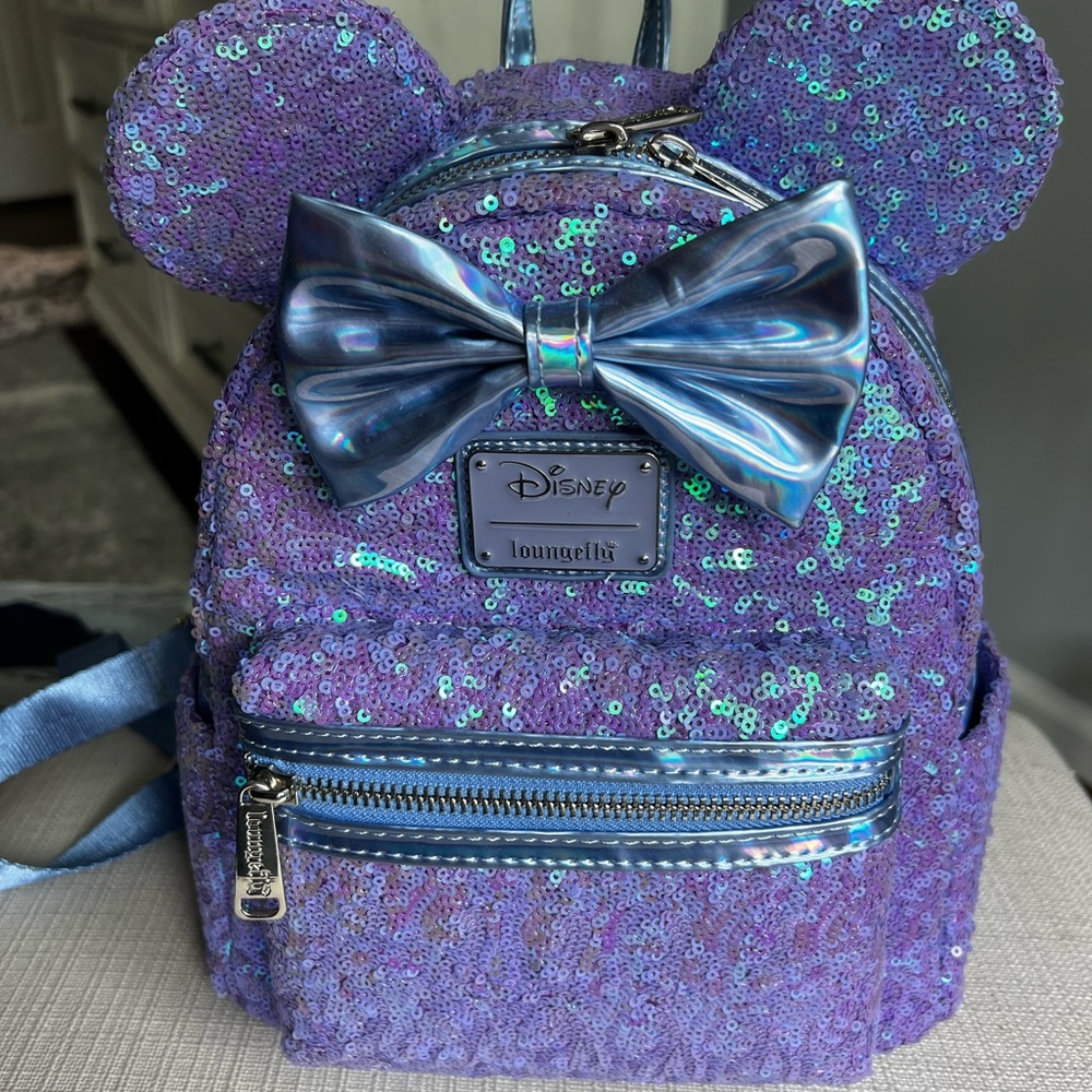 Disney Loungefly Purple Sequin Backpack with Blue Bow